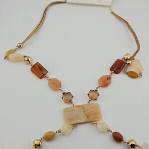 C 1946 Tassel Charm Lariat Necklace Brown Tan Beaded Earth Tone Boho Cowgirl NWT